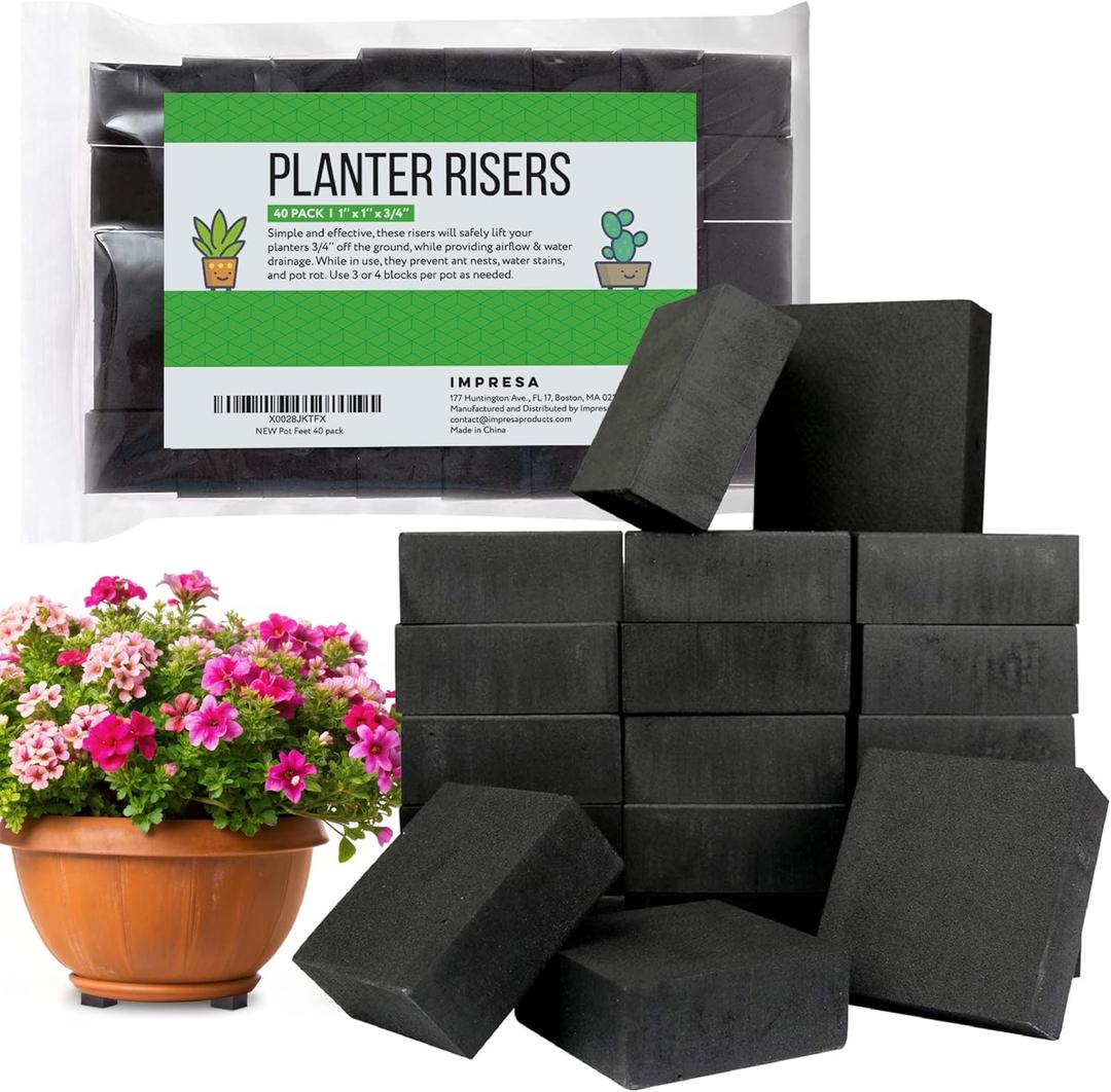 Impresa Pot Risers - Feet for Outdoor Planters - 40-Pack 3/4 in Square Foam Rubber Elevator Pads - Invisible Plant Lift Disks Elevate & Protect Planters from Water Damage & Rot