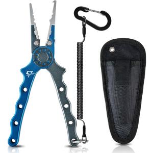 Piscifun Fishing Pliers, Saltwater Fishing Pliers with Split Ring, Fish Hook Remover, Corrosion Resistance Fly Fishing Pliers with Braid Cutters, Sheath and Lanyard, Fishing Gear Gifts for Men (Blue)