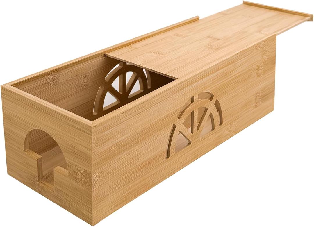 Bamboo Cable Management Box, Extra Large Cord Organizer Box, Power Strips Hider, Plug Strip Cord Box, Outlet Holder, Cords Concealer, Wires Covers, Desk & Floor Tidy Solution (Sliding lid)