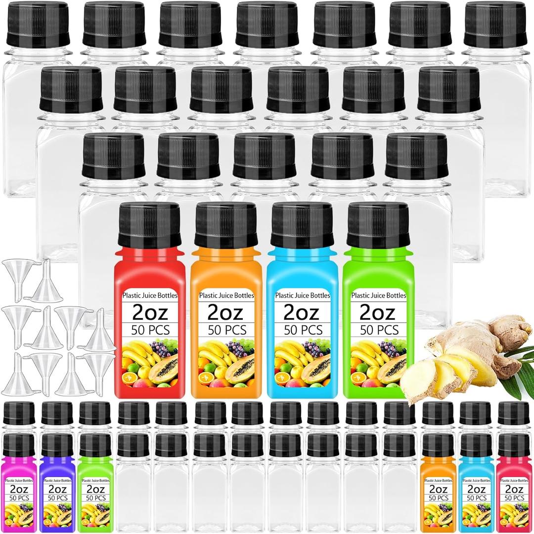 Qiuttnqn 50PCS 2oz Small Plastic Shot Bottles with Caps, Clear Empty Plastic Juice Bottles with 10 Funnels, Small Leak-Proof Juice Containers for Drink Milk Beer Coffee Liquid Beverages