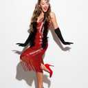 7 Pcs 1920s Women's Flapper Dress Sequin Dress Costume Headwear Earring Necklace Glove Stick Set and Long Feather Boa (XX-Large, Red)