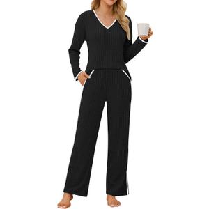 Blooming Jelly Womens Pajama Sets 2 Piece Lounge Set Pajamas Color Block V Neck Pjs Pj Sets 2026 (X-Large, Black)