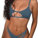 ZAFUL Women's Sexy Cutout Bikini Thong Bikini Set Tie Back Two Piece Swimsuit Bathing Suit (Medium, 1-haze Blue)
