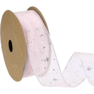 PATIKIL Organza Star Ribbon Wired, 1.6 Inch Wide 20 Yards Christmas Tree Print Sheer Glitter Ribbon for Gift Wrapping Garland Bouquet Ornaments Party Decorations, Light Pink