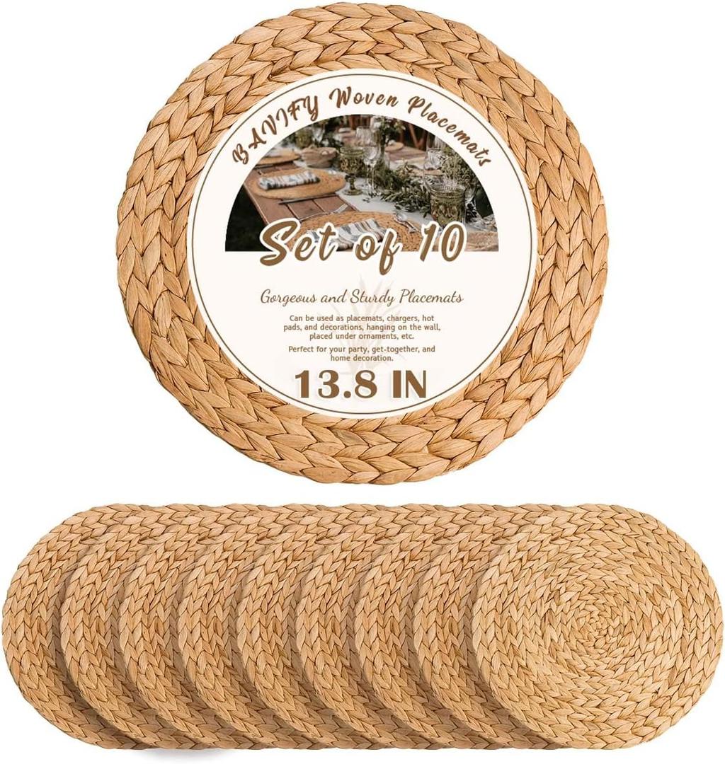 13.8 in Plate Chargers Round Woven Placemats Set of 10, Boho Farmhouse Rustic Place Mats for Dining Table Decor, Rattan Wicker Table Mats Jute Braided Chargers for Dinner Plates (Natural)
