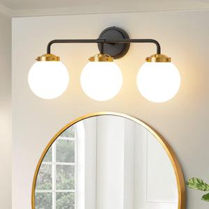 Black Gold Bathroom Light Fixtures Above Mirror, Modern Vanity Lighting with White Glass Globe Shade 3-Light Farmhouse Wall Sconce (3 Lights-22.4in)