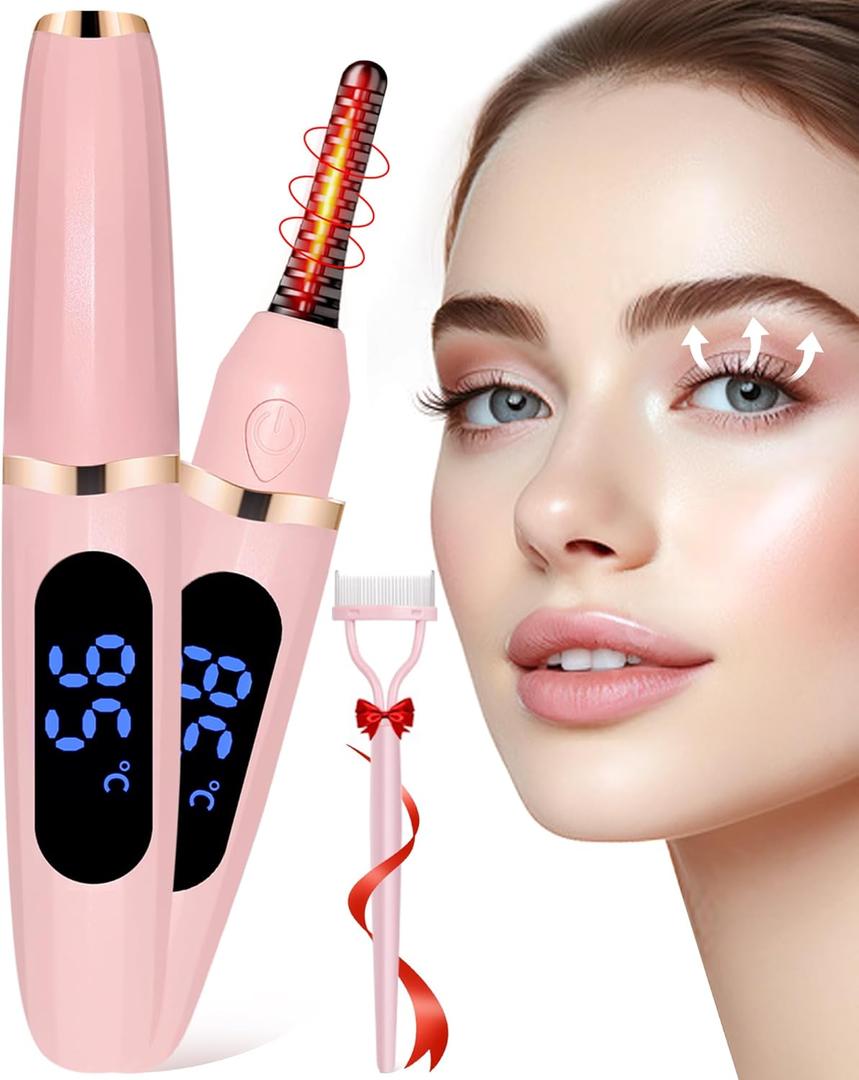 Heated Eyelash Curlers - Eye Lash Curler Heat - Mini Electric Eyelash Curler with LED Display 3 Temp Settings USB Rechargeable Natural Curling 24H Long Lasting for Women Makeup Tools Gifts (Pink)