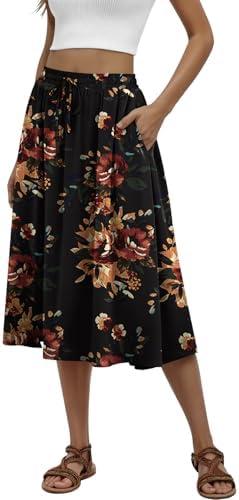 MLXSJ Women's Midi Skirt Summer Pleated Flowy Elastic High Waisted Skirts with Pockets Size 2XL