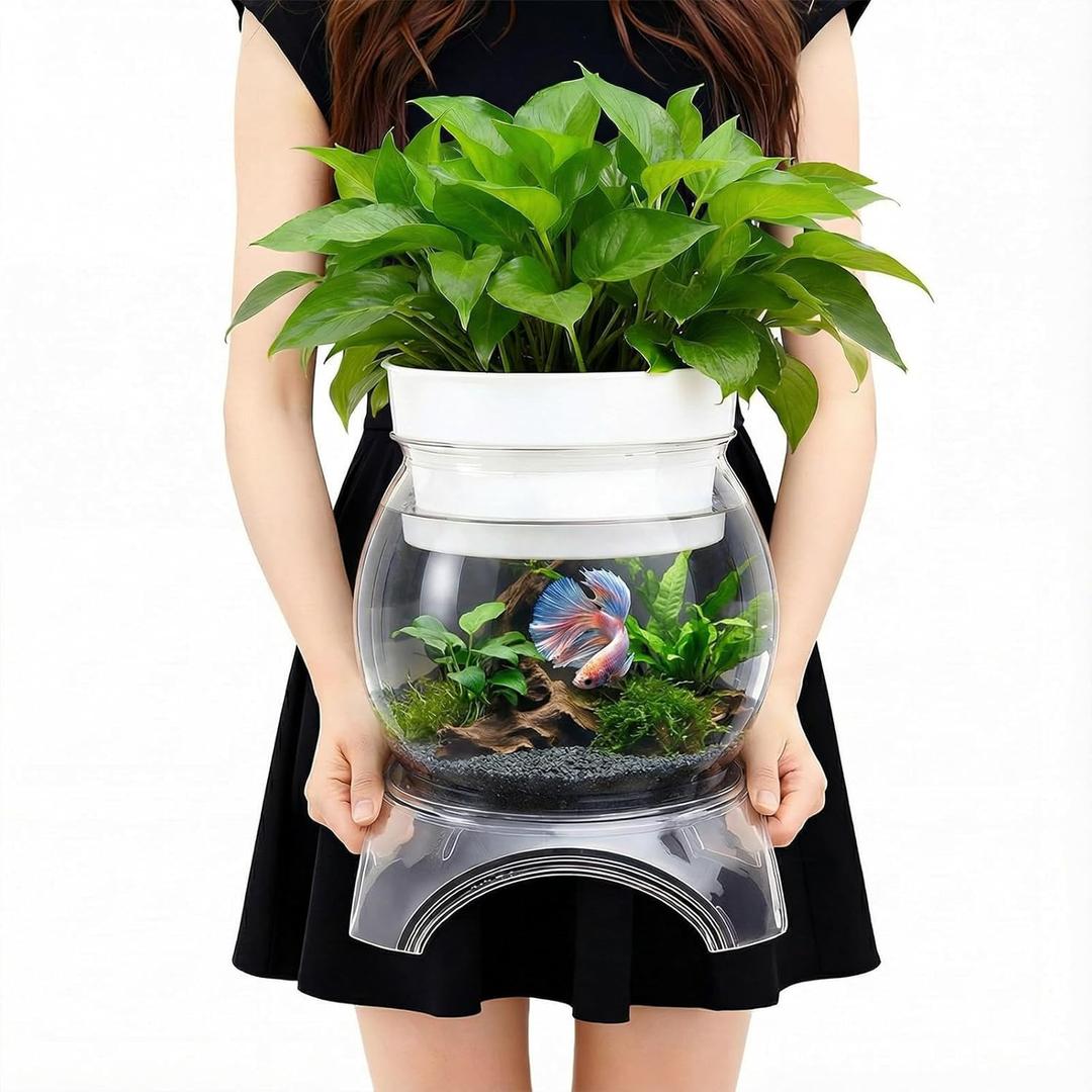Geelin 1 Gallon Plastic Aquaponic Betta Fish Tank Aquaponic with Base and Top, Large Bowl Shatterproof Ecosystem Aquarium with Clear Clarity for Terrarium, Flower Vase Betta Fish Centerpiece Gifts