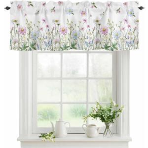YOKOU Floral Kitchen Curtains Valances, Wildflowers Spring Watercolor Flower Plants Short Rod Pocket Valances for Windows for Bedroom, Bathroom, 1 Panel, 42" W x 12" L