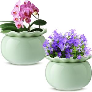 Suclain 2 Pack Ceramic African Violet Pots Self Watering Plant Pot Effortless Self Watering Plant Flower for Busy Lovers, Indoor(Green,6 Inch)