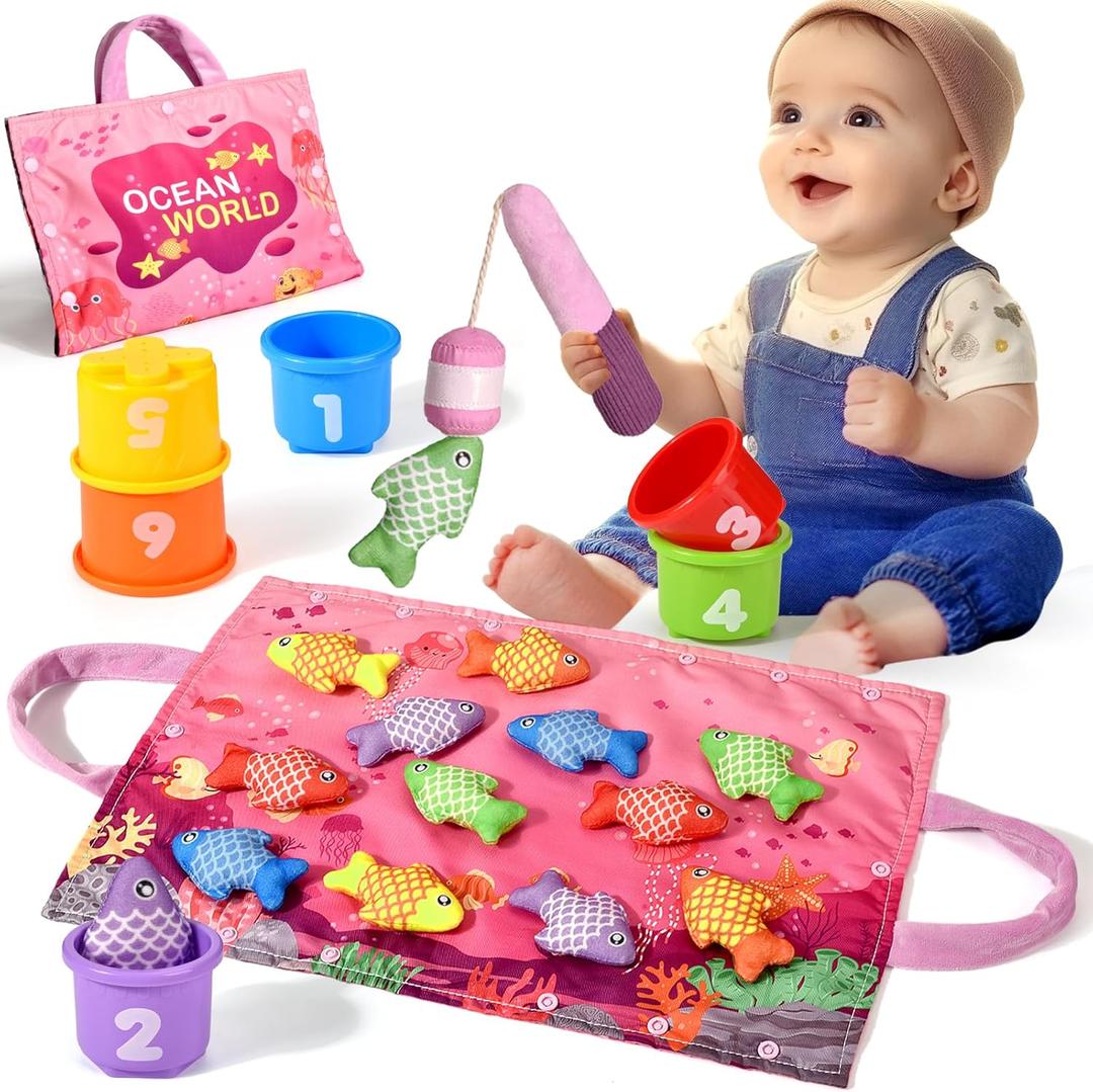 Montessori Toys for 1 Year Old Girl Gifts, Pink Cloth Fishing Toy for Toddler 1-3, Fine Motor Skills Toy Sorting Learning Baby Toys 6-12-18 Months, Toddler Toys for Baby Easter Gifts