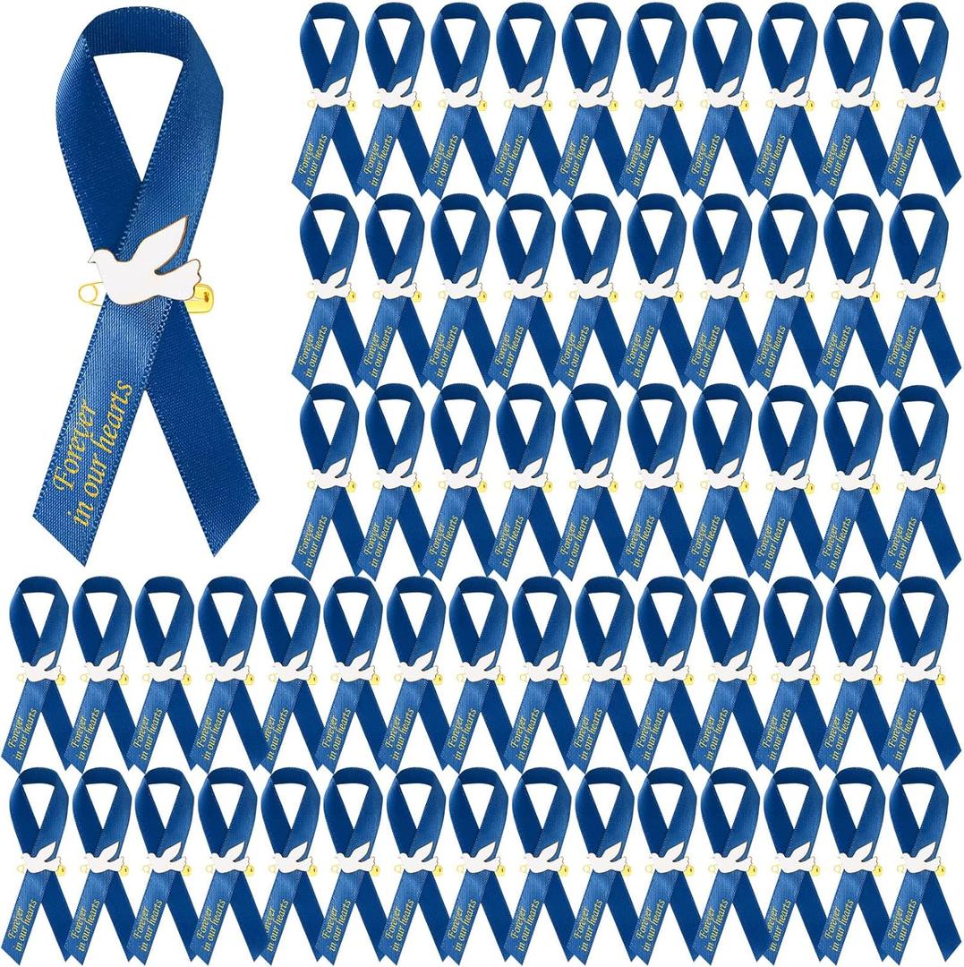 50 Pcs Dove Funeral Ribbons Memorial Ribbon Funeral Pins Classic Memorial Service Respect Ribbon Bow with Safety Pins and Dove for Mourning Remembrance Day Event(Blue)