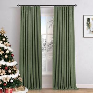 INOVADAY 100% Blackout Curtains for Bedroom Black Out Curtains 80 Inch Long | Moss Green Living Room Curtains 2 Panels, Clip Rings Linen Look Blackout Drapes, Thermal Insulated Room Darkening, W50xL80