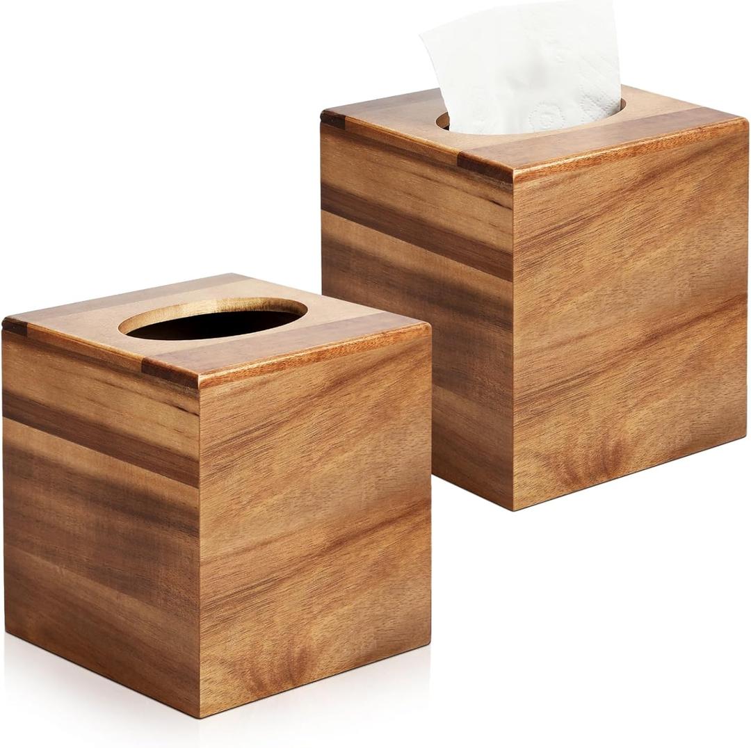 2 Pack Wooden Tissue Box Cover Bulk Square - Acacia Wood Tissue Box Holder for Tabletop Stands Bathroom Office- Decorative Facial Wood Tissue Box Cover for Modern Farmhouse Decor (Brown)
