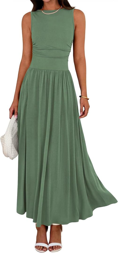 BTFBM Summer Maxi Dresses for Women 2026 Spring Sleeveless Casual Ruched High Waisted Long Sundress Flowy Beach Dress (Green, M)
