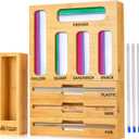 TYZOD 9in1 Bamboo Storage Bag Organizer with Cutter, Kitchen Drawer & Wall Mount Storage for Foil, Plastic Wrap, Gallon, Quart, Sandwich, Snack & Freezer Bags, Fits Rolls ≤12” Long, ≤2” Diameter