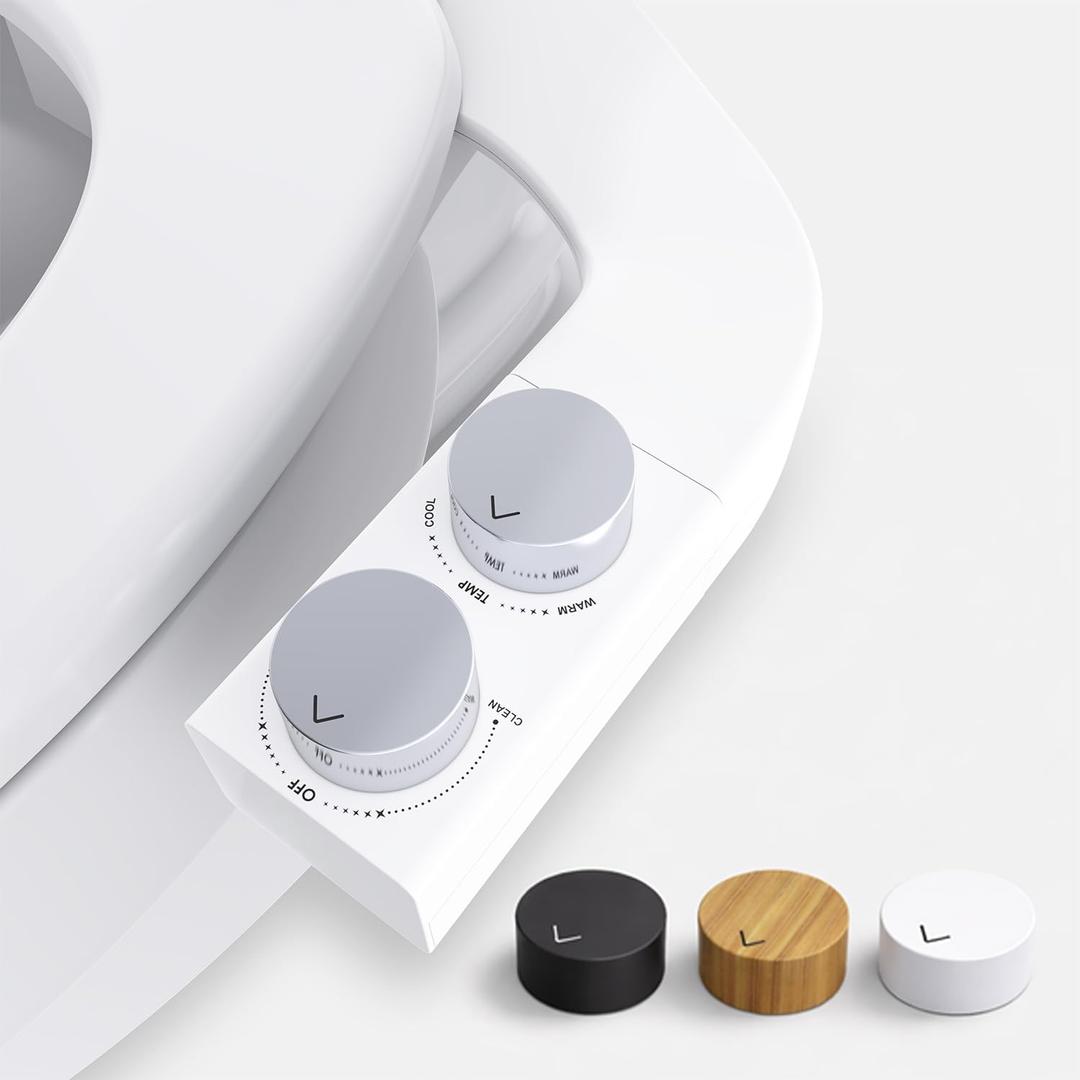 BIDETbidet Left/Right Reversible WARM WATER Ultra-Slim Bidet Attachment with Temperature Control, Interchangeable Knob Set, Hinged Nozzle, Non-Electric, Easy Install, Fits Most Toilets, Off-White