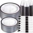 I00000 210 Pcs Clear and Black Plastic Plates, Halloween Disposable Dinnerware Set, Include 30 Dinner 30 Dessert Plates,30 Plastic Cups 9 OZ,30 Pre Rolled Napkins with Cutlery for Halloween Party