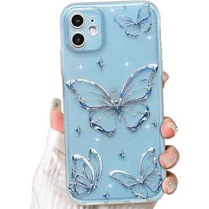 NITITOP Compatible with iPhone 11 Case Clear Bling Glitter Cute Metal Butterfly Pattern Sparkle Design for Women Girls Shiny Soft TPU Anti Yellowing Protective Cover - Blue