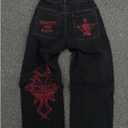 Y2K Jeans Men's Hip Hop Vintage Skull Embroidery Wash Denim Pants Gothic Straight Tube Loose Wide Leg Pants (Black, S)