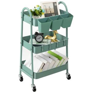 danpinera 3-Tier Rolling Cart, Metal Rolling Storage Cart with Lockable Wheels & Hanging Cups & Hooks, Mobile Trolley for Kitchen, Bathroom, Office, Workshop, Green