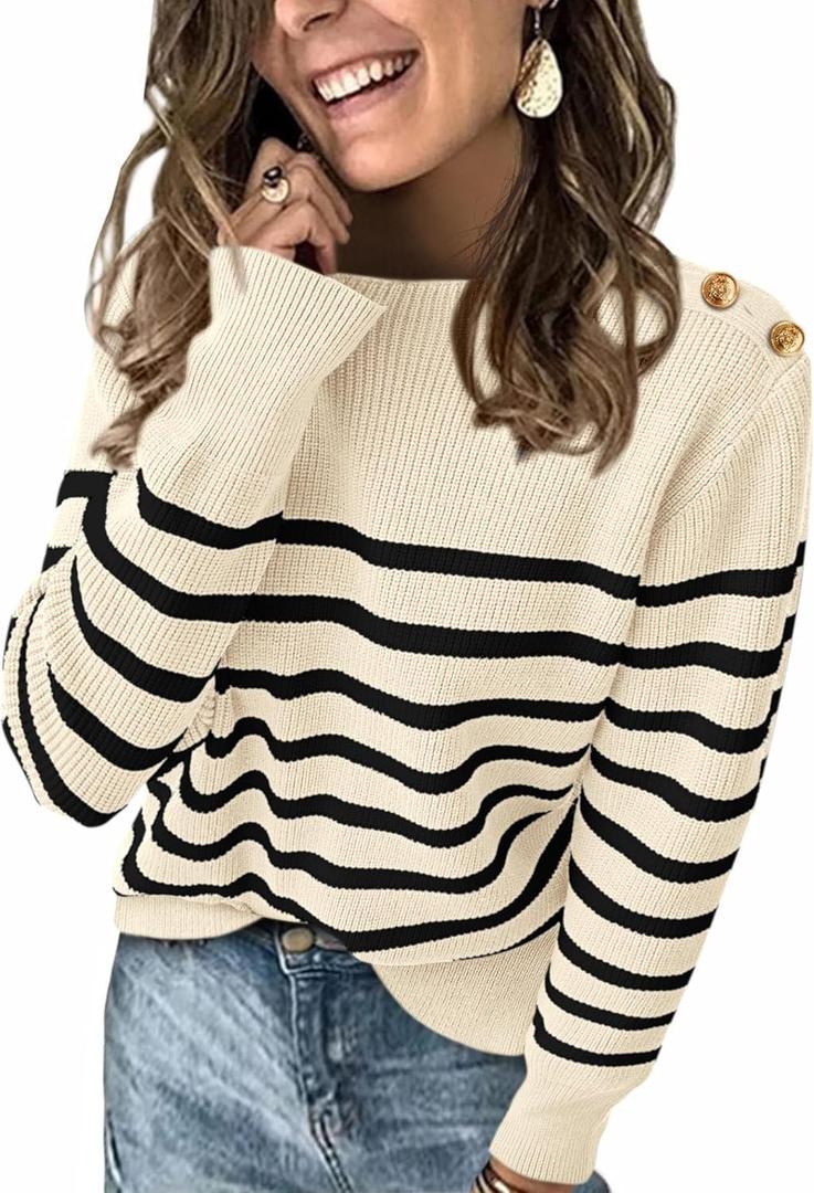 KIRUNDO Women's Striped Sweaters 2024 Fall Winter Outfits Crewneck Ribbed Knit Pullover Trendy Tops with Metal Buttons (Beige White, Medium) (M)