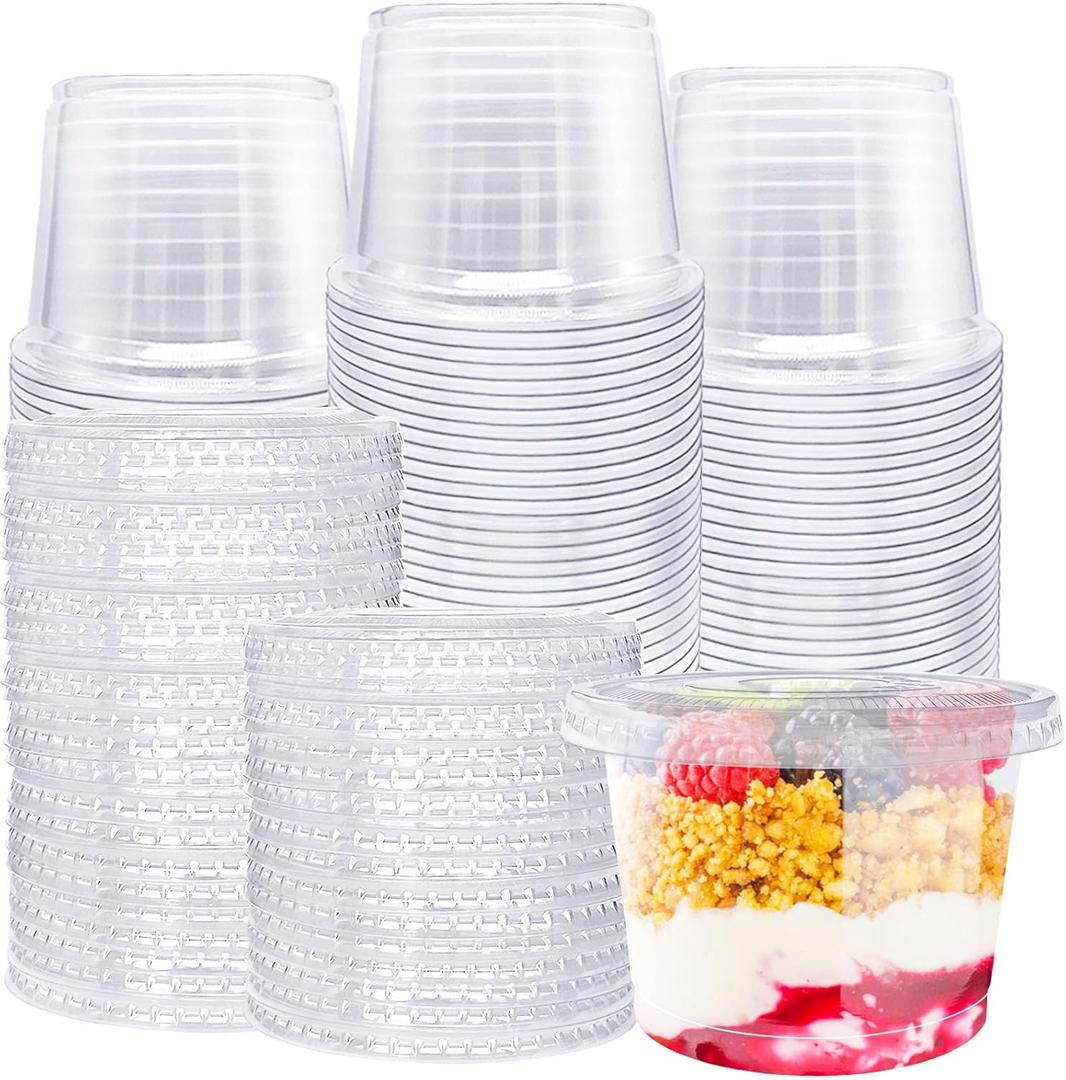 100 Pack 8oz Plastic Cups with Flat Lids(Hole in the Lid),Disposable Clear Cups,Clear Crystal Dessert Cups for Parfait,Fruit,Snacks,Yogurt,Jelly,Ice Cream,Cold Drinks