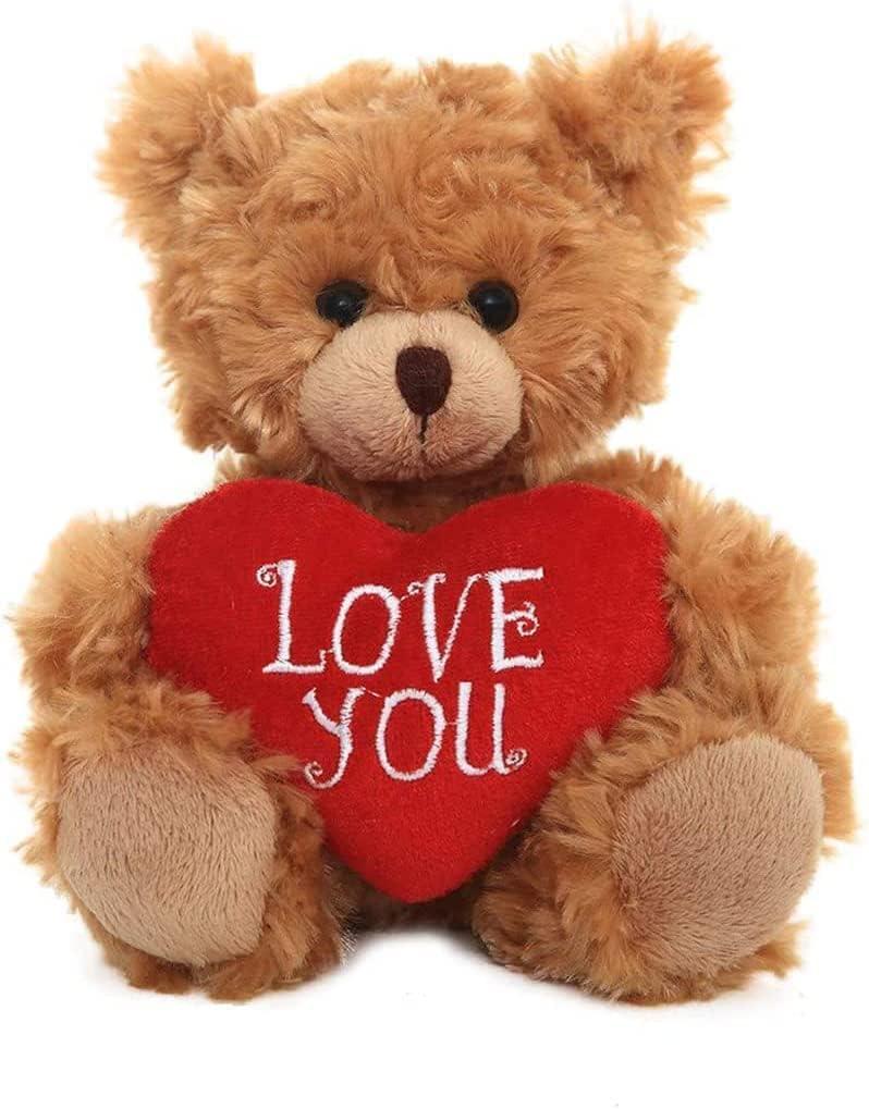 Plush Stuffed Animal Mocha Heart Bear  Love You Bears- Toy for Kids & Adults Valentine's Day - Embroidered Heart Pillow (9 inch, Love You)