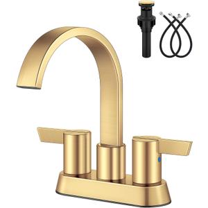 Aolemi Bathroom Faucets for Sink 3 Hole,4 Inch Centerset Waterfall Faucet 2 Handle for Bathroom Sink with Pop-Up Drain and Supply Lines Gold