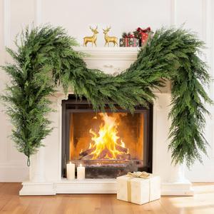 9Ft Christmas Garland, Realistic Cedar Cypress Norfolk Pine Greenery Garland Faux Christmas Decorations for Mantle, Fireplace, Table, Stairs, Doors, Porch, Indoor Outdoor Christmas Decor