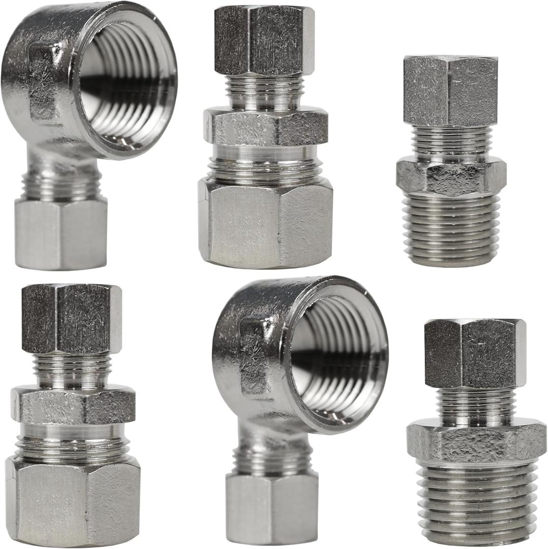 6 Sets Universal Valve Plumbing Fittings Adapters: 1/2-to-3/8 Adapter, 3/8-to-1/2 Water Line Adapter, 3/8-Female-to-1/2-Male-Adapter, Straight & Angled Connectors