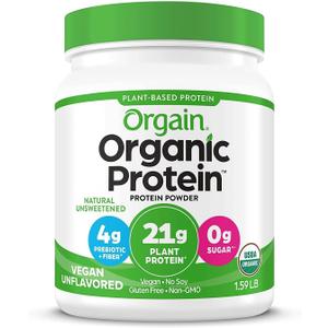 Orgain Organic Vegan Protein Powder, Natural Unsweetened - 21g of Plant Protein, 4g Prebiotic Fiber, Low Net Carbs, No Lactose Ingredients, No Added Sugar, Non-GMO, For Shakes & Smoothies, 1.59 lb (0.91 Ounce (Pack of 1))