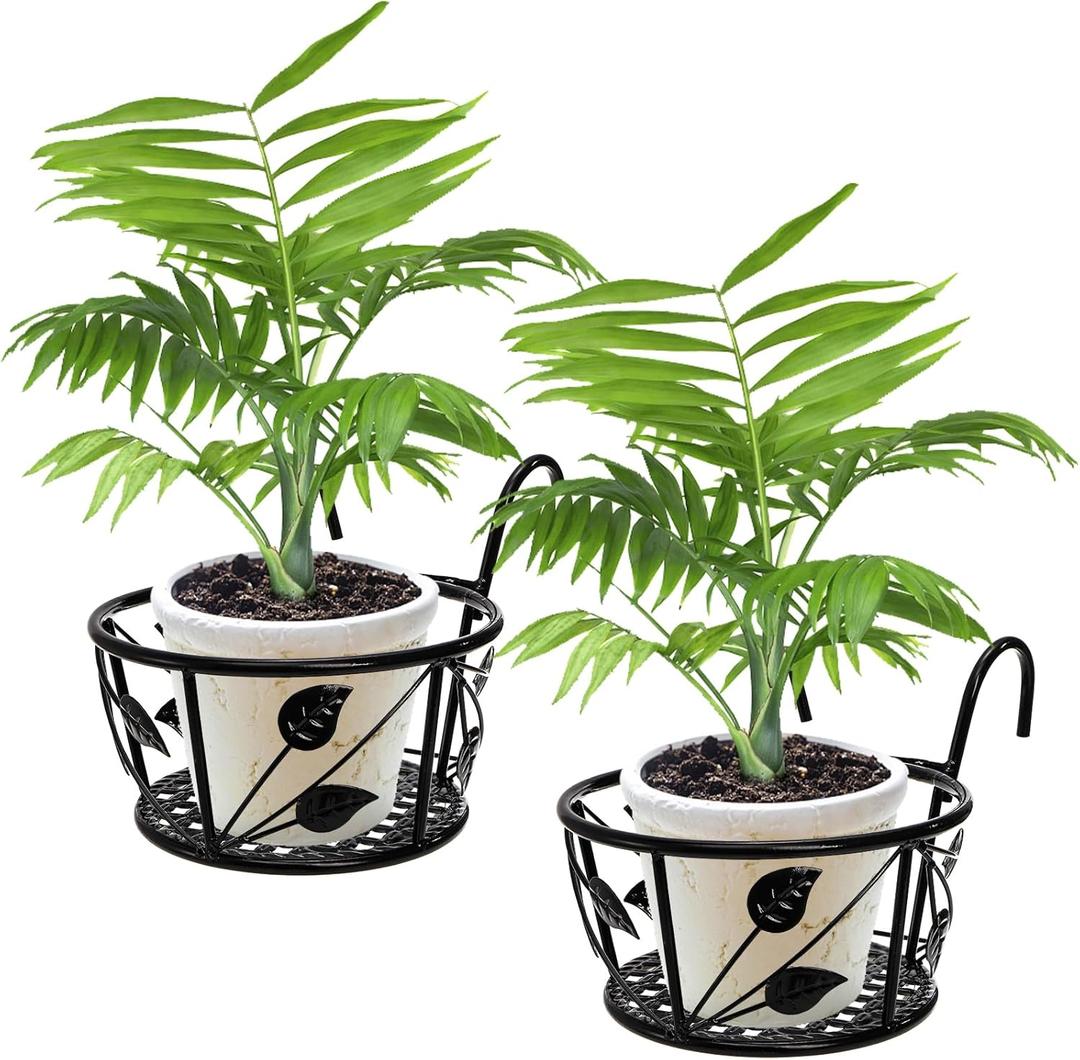 Tosnail Pack of 2 Metal Plant Holders for Indoor Outdoor Railings, Fence Plant Hangers, Hanging Flower Baskets for Porch, Balcony, Stair Railing, Black