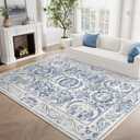 jinchan Area Rug 8x10 Washable Vintage Floral Rug Non Slip Indoor Retro Floor Cover Boho Soft Carpet for Living Room Bedroom Dining Room Blue