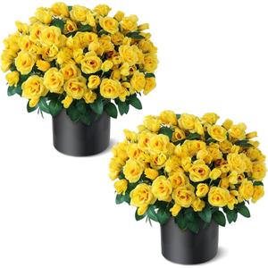Juxdp 2 Set of Artificial Rose Topiary Trees - Faux Silk Flower Potted Plant, UV Resistant Fake Outdoor Rose Bush for Front Door, Farmhouse, Porch, Garden Decor (Yellow)