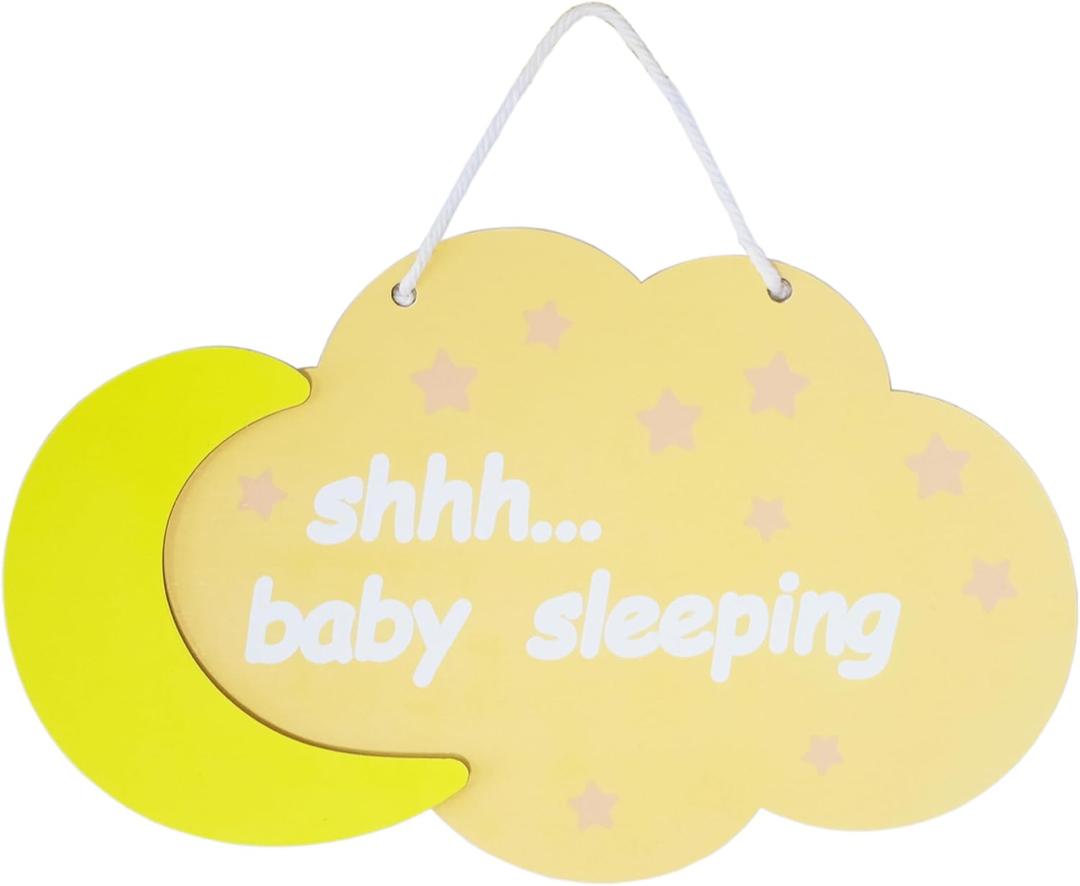 Wooden Baby Sleeping Sign, Cloud and Moon Door Hanger, Nursery Room Decor, Yellow and Beige