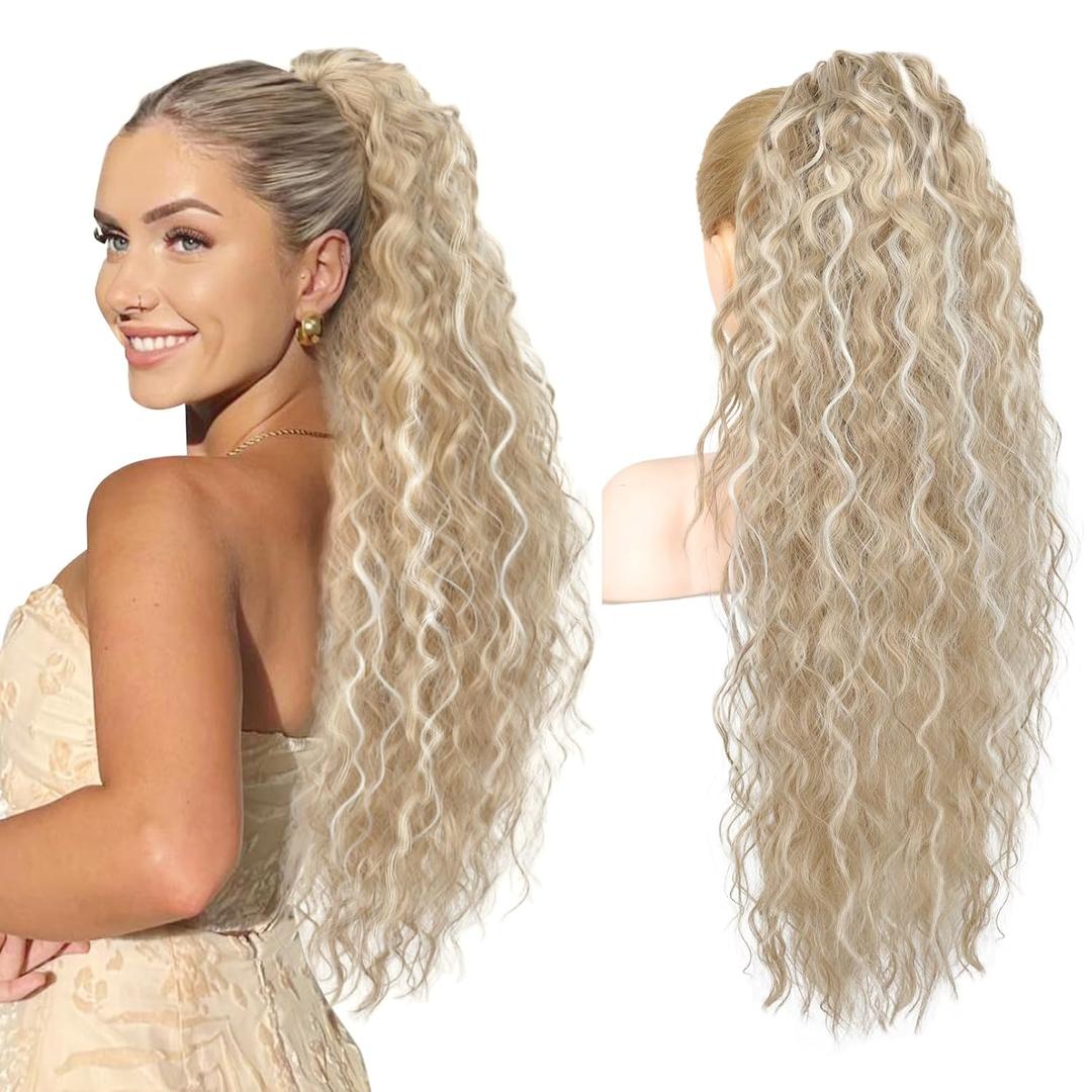 REECHO Ponytail Extension 30" Long Claw Clip Ponytail Extension Curly Wavy Pony Tails Hair Extensions Clip in Synthetic Hairpiece for Women, Medium Blonde with Highlights