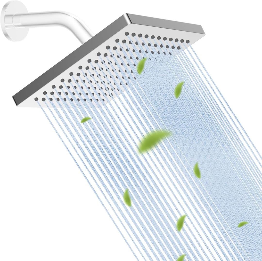 Hibbent Thickness Metal Rain Shower Head, 8 Inch High Pressure Rainfall Shower Head, Square Bathroom Waterfall Shower Heads, High Flow Fixed Showerheads with Adjustable Brass Ball Joint, Chrome