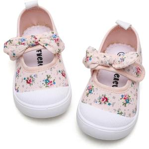 Toddler Girl's Canvas Sneakers Bowknot Mary Jane Flat Shoes for Kids School Uniform Shoes Dress Shoes (Beige), Size: 5 Toddler