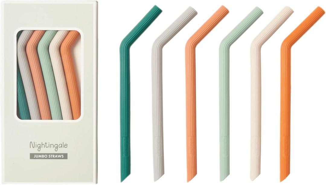 Nightingale Silicone Smoothie Straws - Flexible, Reusable Wide Drinking Straw with Cleaning Brush -Compatible w/Stanley 30oz - Bendy Boba Straws- Food-Safe, No BPA, Dishwasher Safe - Set of 6 (Forest)