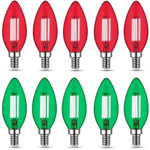 12 Pack Filament E12 Candelabra LED Christmas Light Bulbs 4W 40 Watt Equivalent E12 Candelabra Base Chandelier Bulbs Vintage Halloween Light Bulbs for Party Decoration, Porch, Christmas (Red, Green)