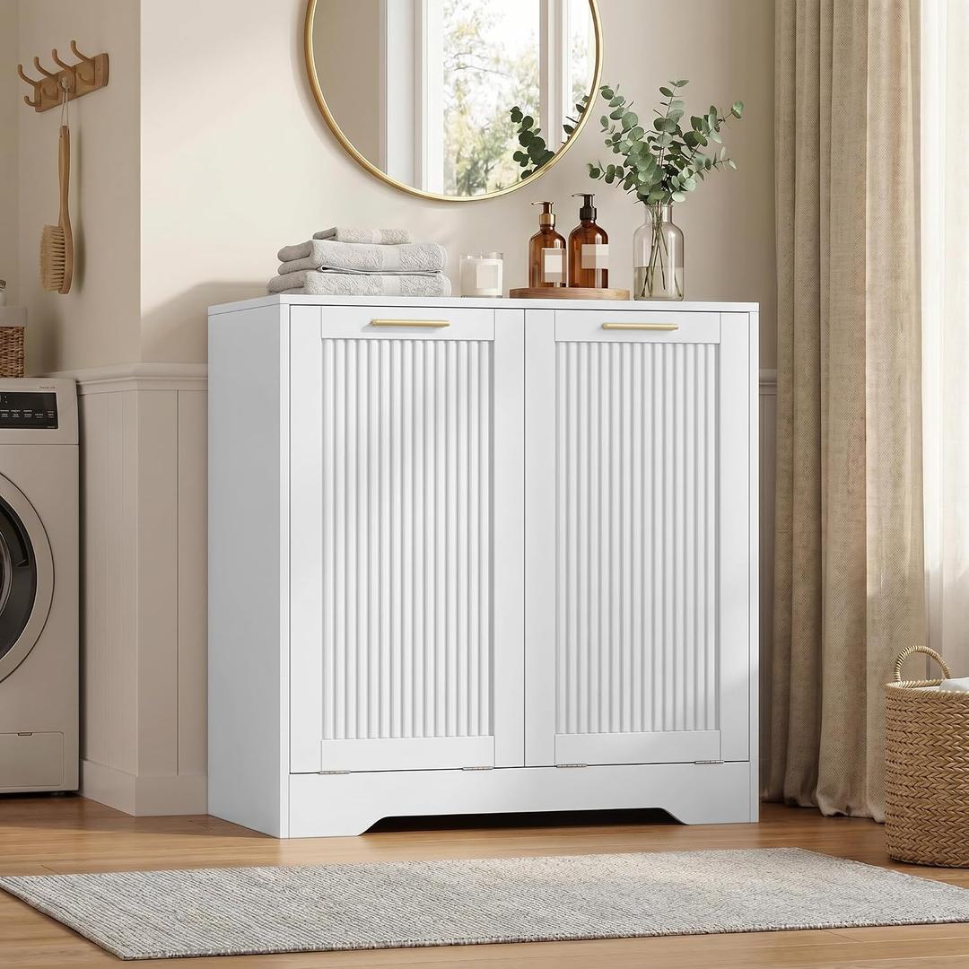 Laundry Hamper Cabinet, Small Tilt-Out Bathroom Storage Unit with Narrow Hidden Basket Chest Bathroom Cupboard, 25.6" x 13.7" x 26.7"