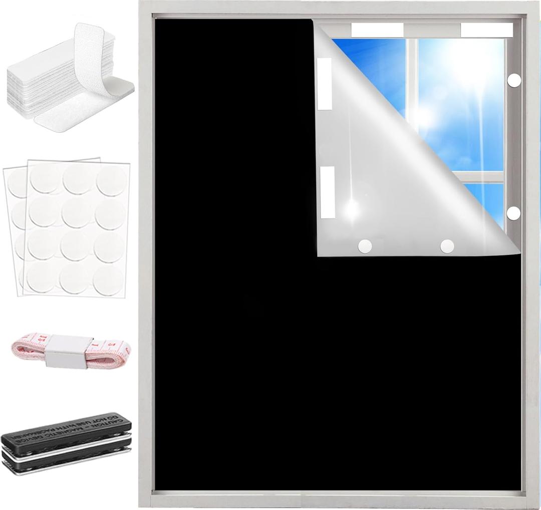 100% Blackout Window Cover Curtains for Bedroom 57x40Inch,No Drill,DIY Cut Portable Removable Black out Shades Blinds Cover for Baby Nursery,RV,Media Room,Hook&Loop Tape Straps Stickers,Magnetic Clips