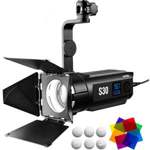 Godox S30 LED Spotlight Video Light with Barndoor, 30W 5600K 40000Lux@0.5m Daylight Studio LED Spot Light, CRI 96+ Brightness 10100%