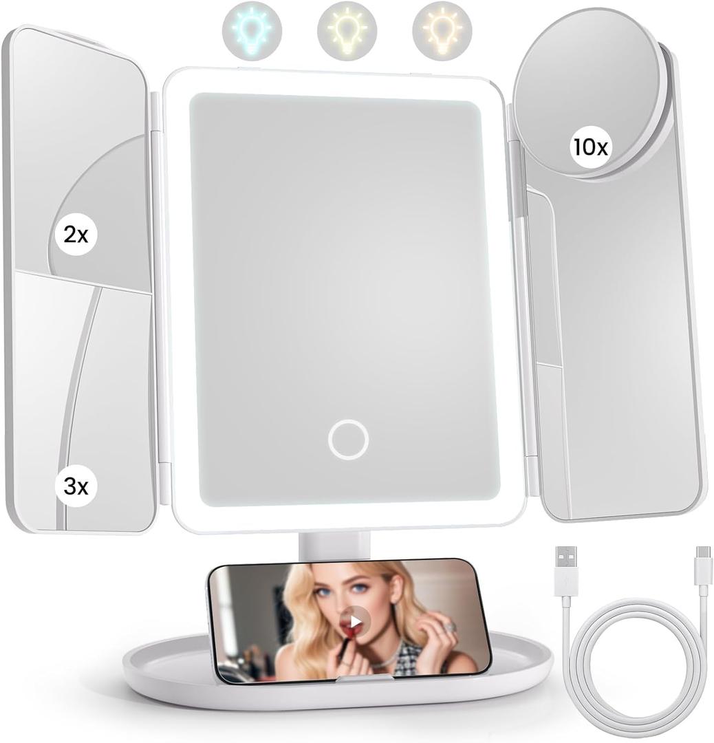 Lighted Makeup Vanity Mirror, Height Adjustable Trifold Mirror with Seamless Light Strip, 1X/2X/3X/10X Magnification, 2000mAh Rechargeable Desk Mirror, Dimmable 3 Color Lighting, Gifts for Mom Women