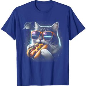 Cat Eating Funny Hot-Dog in Space Kit-Ty Gal-Axy Mens Womens T-Shirt L, Royal Blue