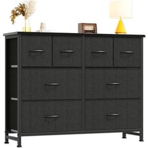 DUMOS Dresser for Bedroom with 8 Fabric Drawers, Wide Fabric Dresser for Closet, Storage Tower with Wood Top and Mental Frame, Storage Unit for Living Room,Hallway, Entryway, Black (11.8"D x 39.4"W x 30.3"H (8 Drawers))