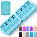Foldable Weekly Pill Organizer 2 Times a Day with 2 Extra Compartments (Clear Printed Labels) - Portable 7 Day AM PM Medicine Box, Week Daily Travel Pill Case Holder for Vitamin, Supplement - Sky Blue
