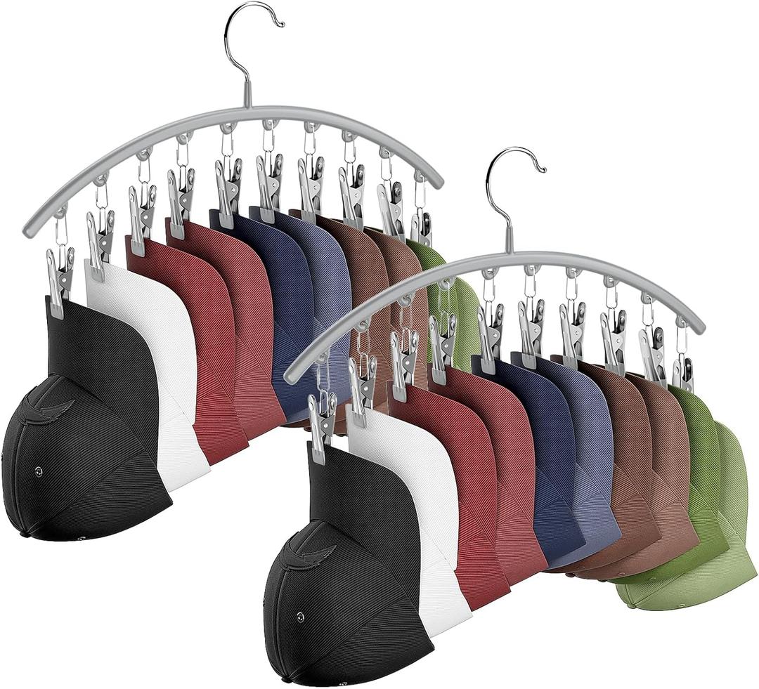 Hat Hangers for Closet, Metal 2 Pack Hat Organizer Holder for Hanger Closet Display, Hat Racks for Baseball Caps w/10 Clips, Hat Holder for Ball Caps & Accessories, for Men Women, Grey (Gray)